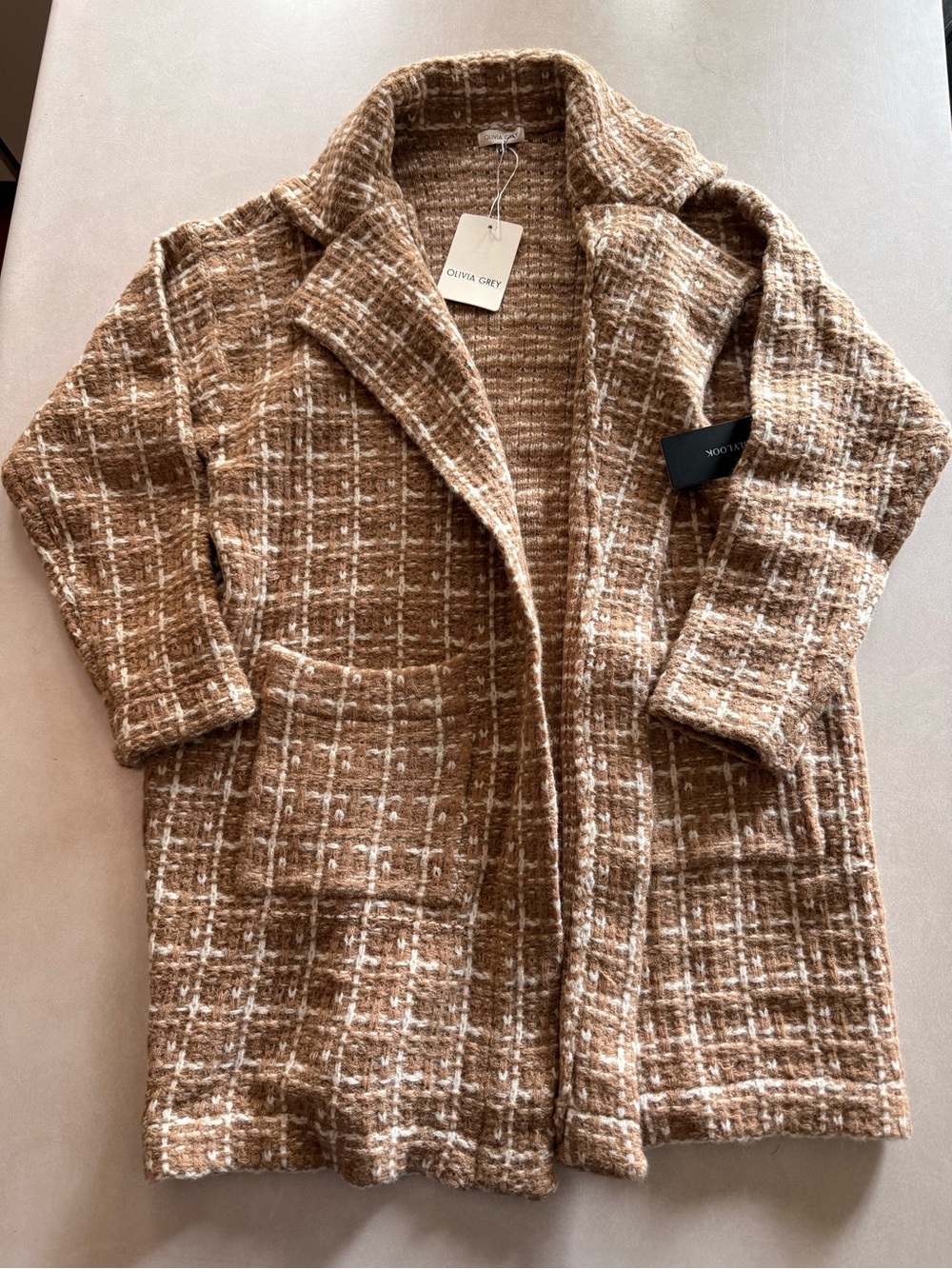 NWT M/L Olivia Grey Women's Brown Plaid Open-Front Cardigan